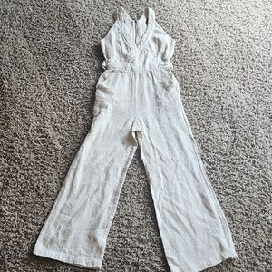 Anthropologie Cream Textured V-Neck Jumpsuit